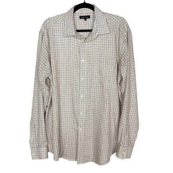 James Pringle Mens Large Cream Yellow Plaid Flannel Dress Shirt Cotton Blend - Picture 1 of 8